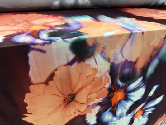 Power mesh net stretch spandex fabric, per metre - smudge flower print - aubergine & peach