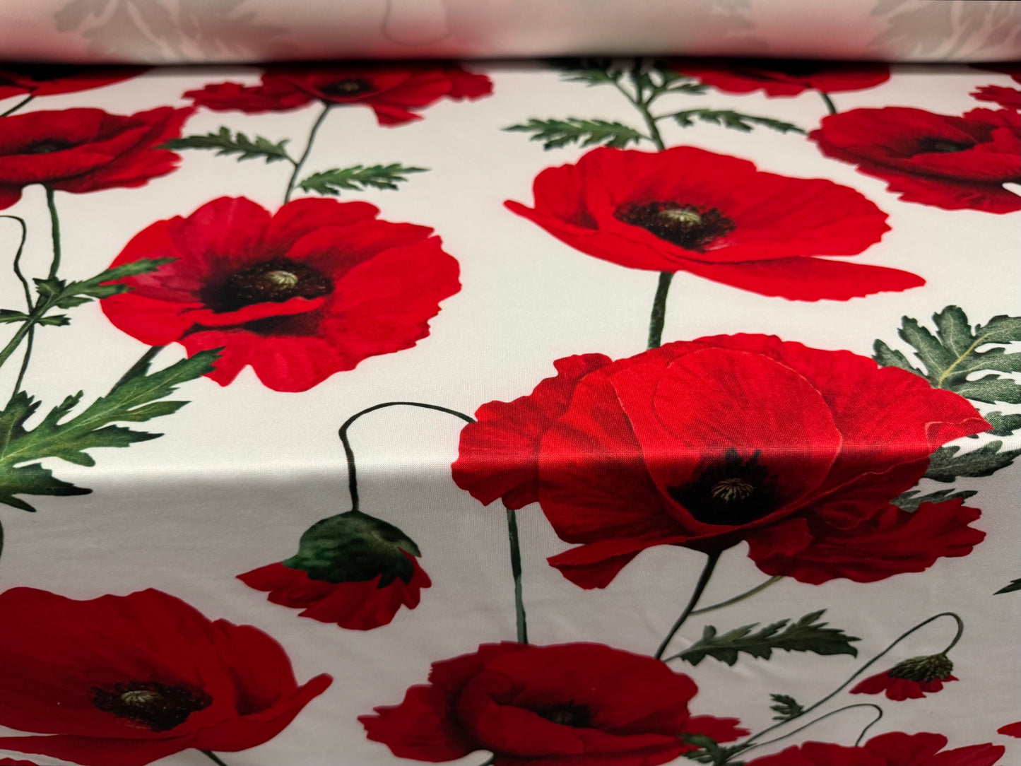 Scuba stretch spandex double jersey dress fabric, per metre - poppy flower print - red white & green