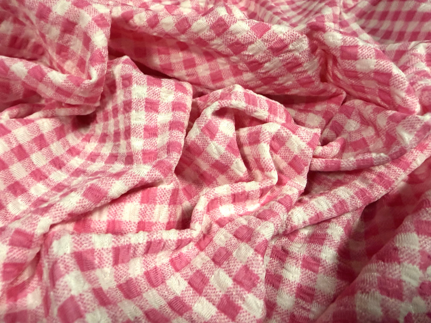 Stretch spandex jersey jacquard fabric, per metre - gingham print - pink & white