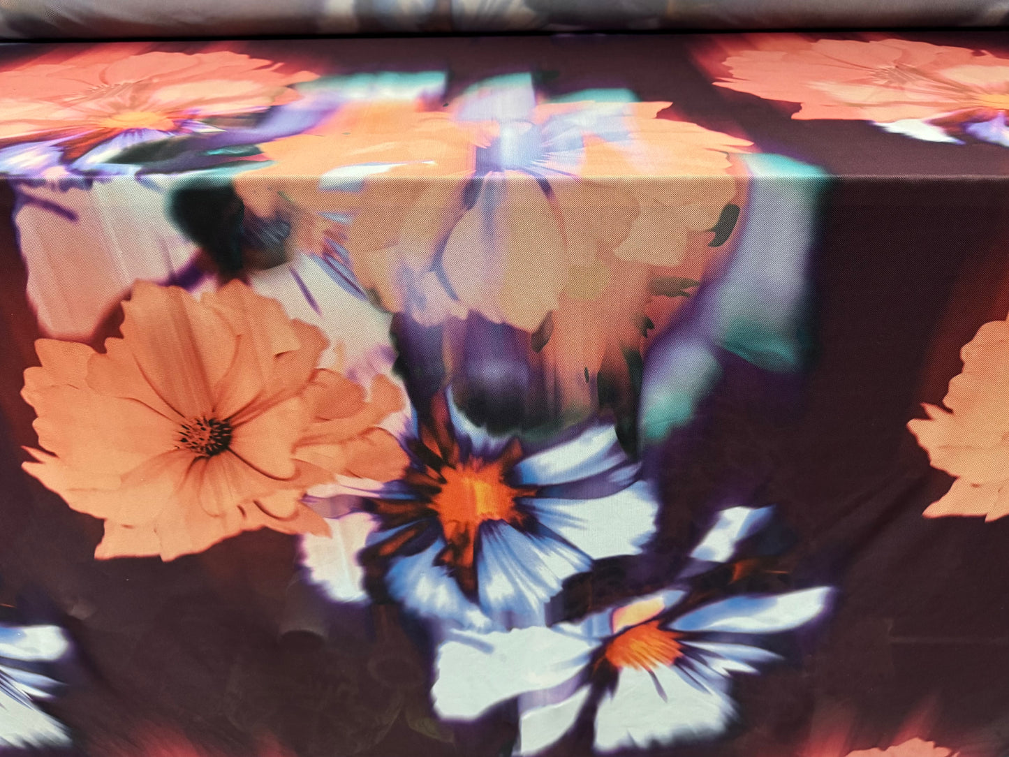 Power mesh net stretch spandex fabric, per metre - smudge flower print - aubergine & peach
