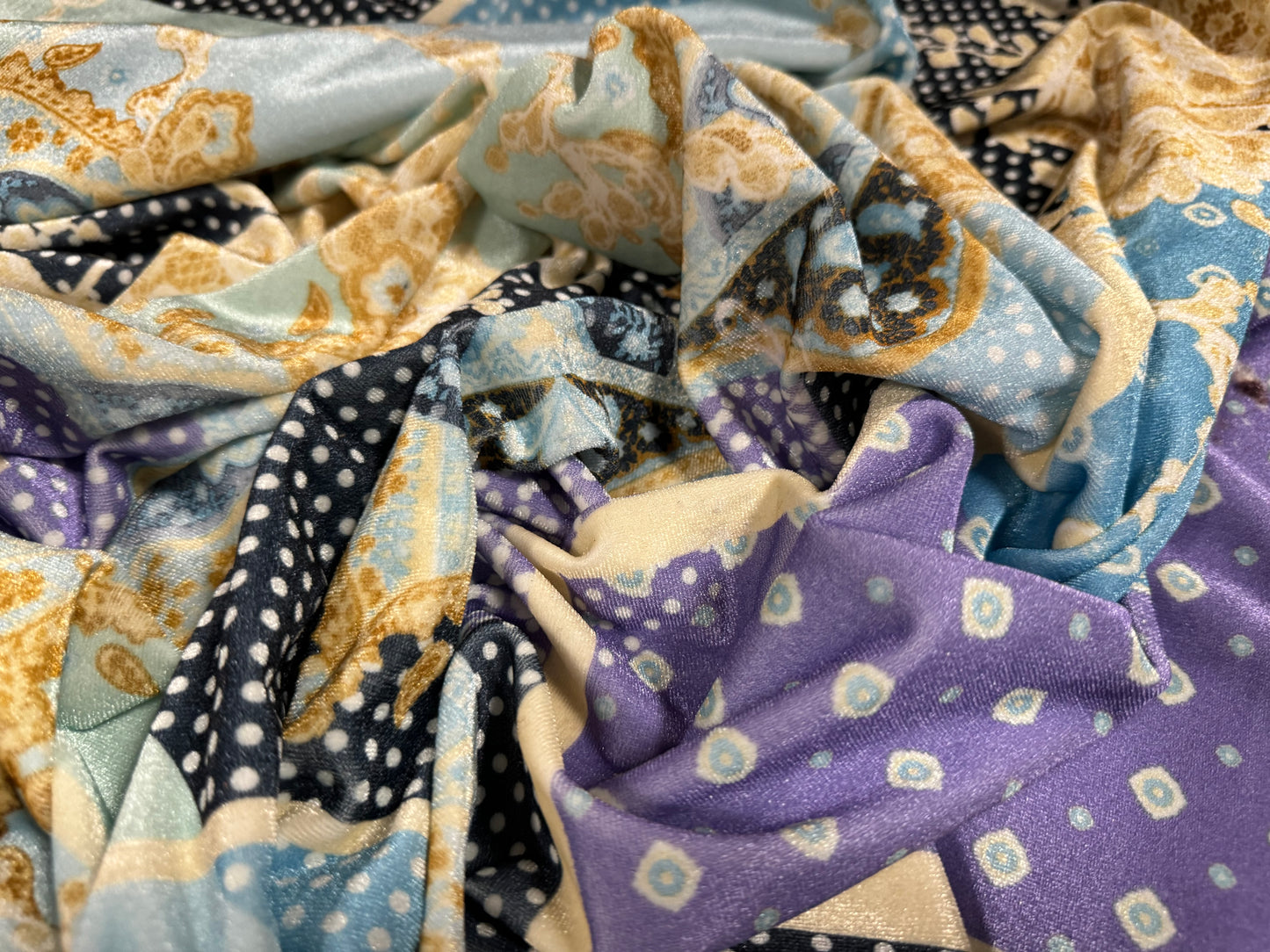 Spandex velvet stretch dress fabric, per mere - spotty paisley patchwork - blue gold & purple
