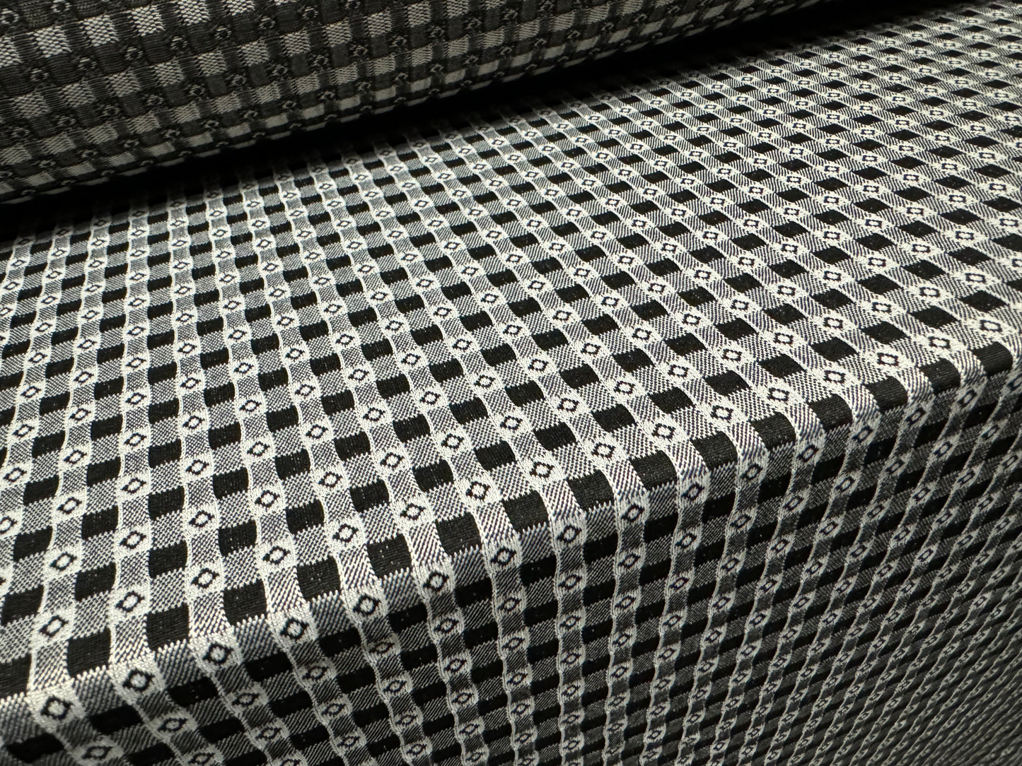 Double jersey stretch spandex dress fabric, per metre - gingham motif jacquard - black & grey