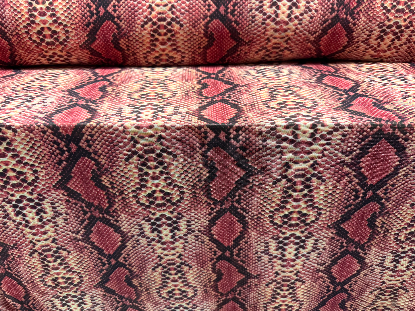 Power mesh net stretch spandex fabric, per metre - snake skin animal print - berry