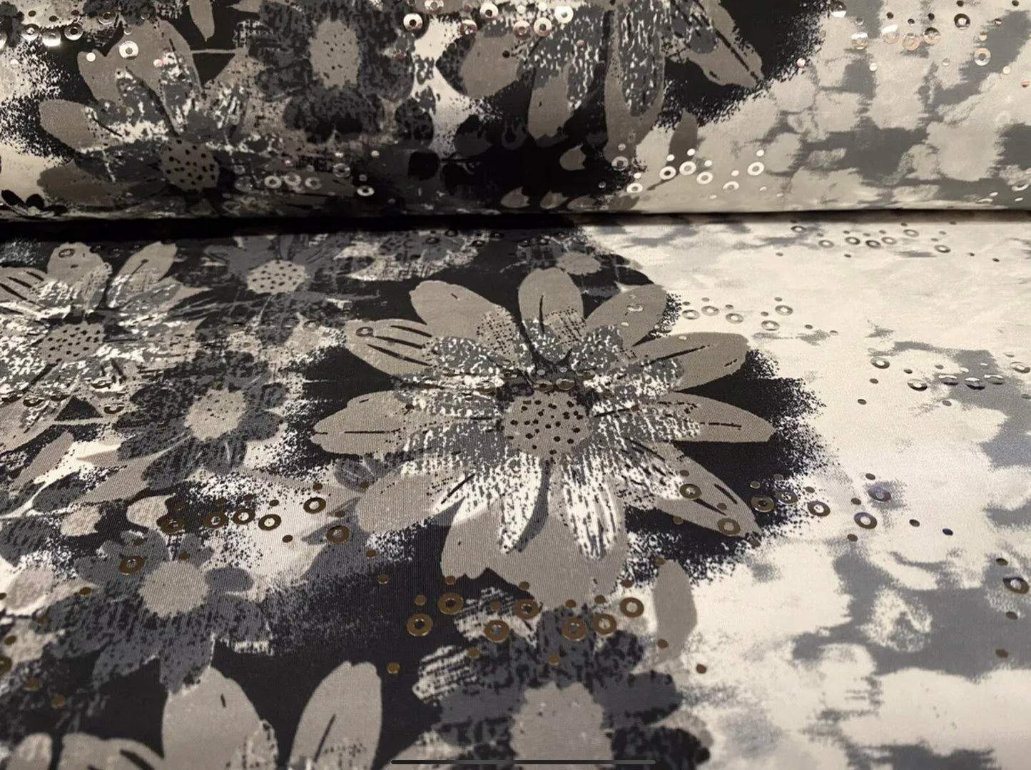 Stretch spandex single jersey fabric, per metre - double border flower print with sequins - grey & white