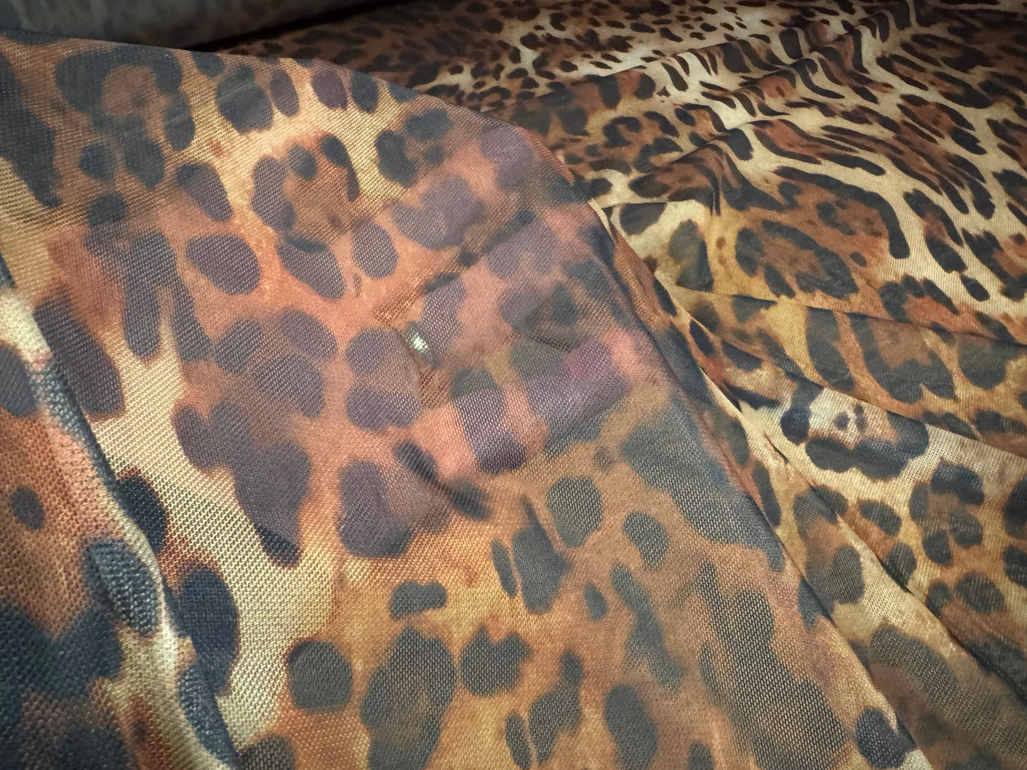 Power mesh net stretch spandex fabric, per metre - leopard animal print - brown
