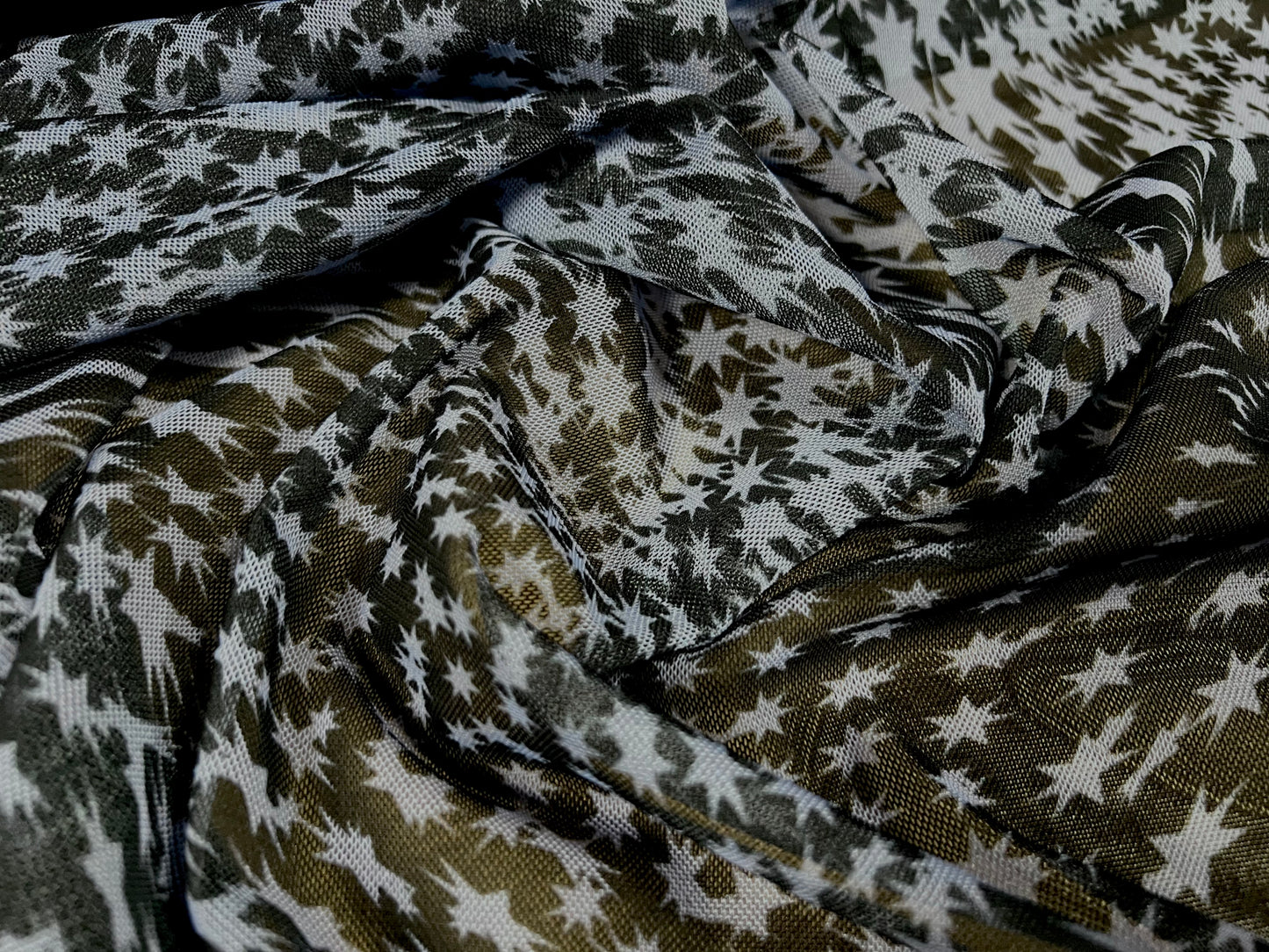 Power mesh net sheer stretch spandex fabric, per metre - shooting stars print - midnight blue