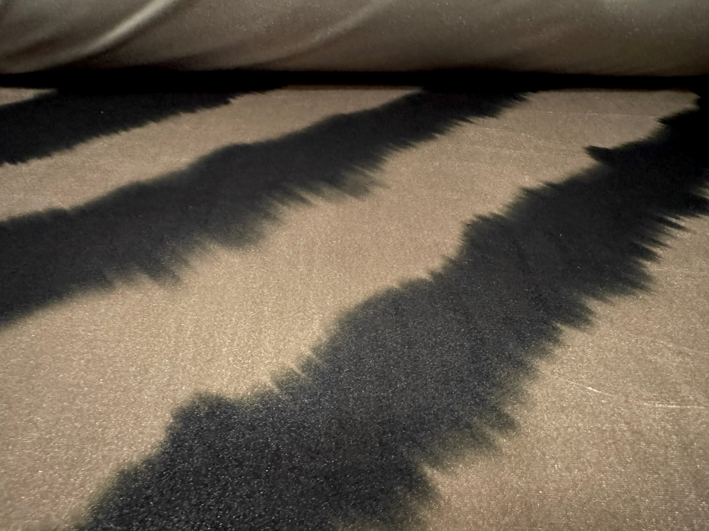 Spandex velvet stretch dress fabric, per metre - diagonal smudge print - taupe & black