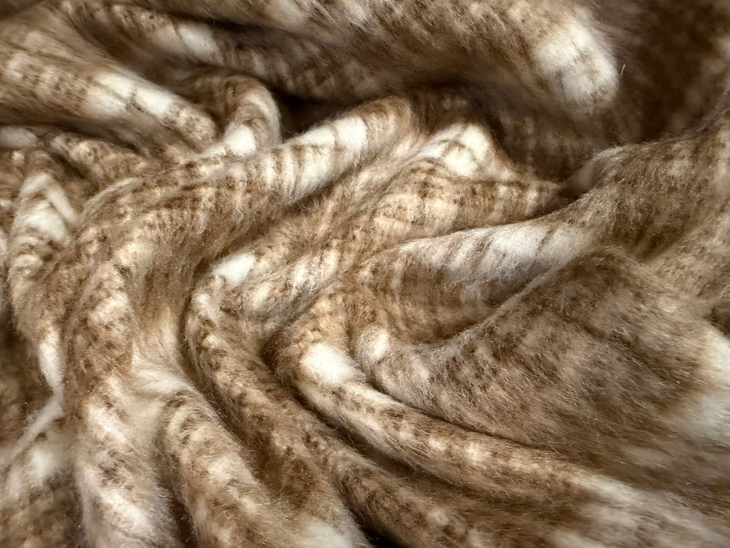 Wool faux fur fabric, per metre - check - light brown & cream