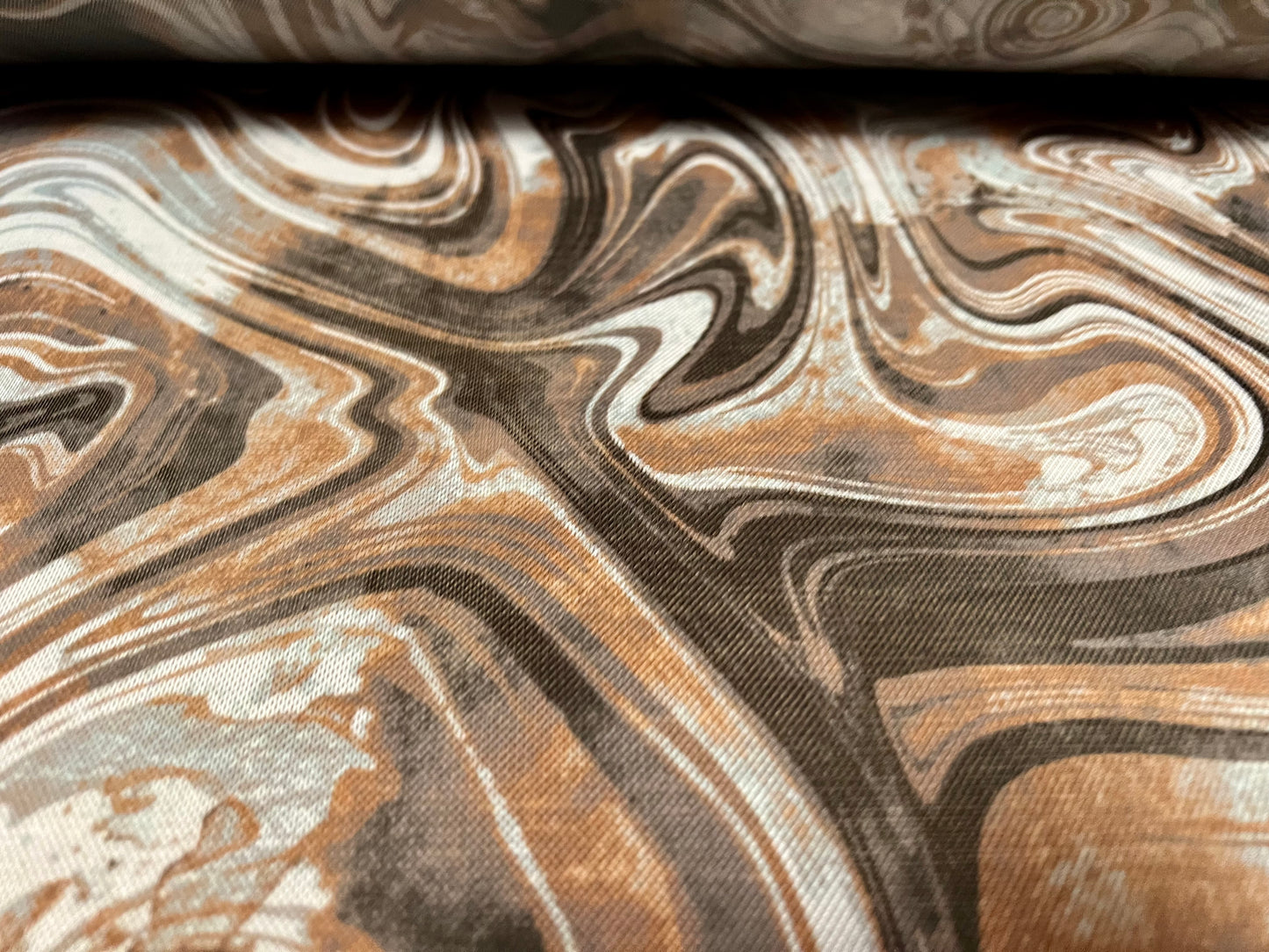 Power mesh net sheer stretch spandex fabric, per metre - swirl print - brown & grey