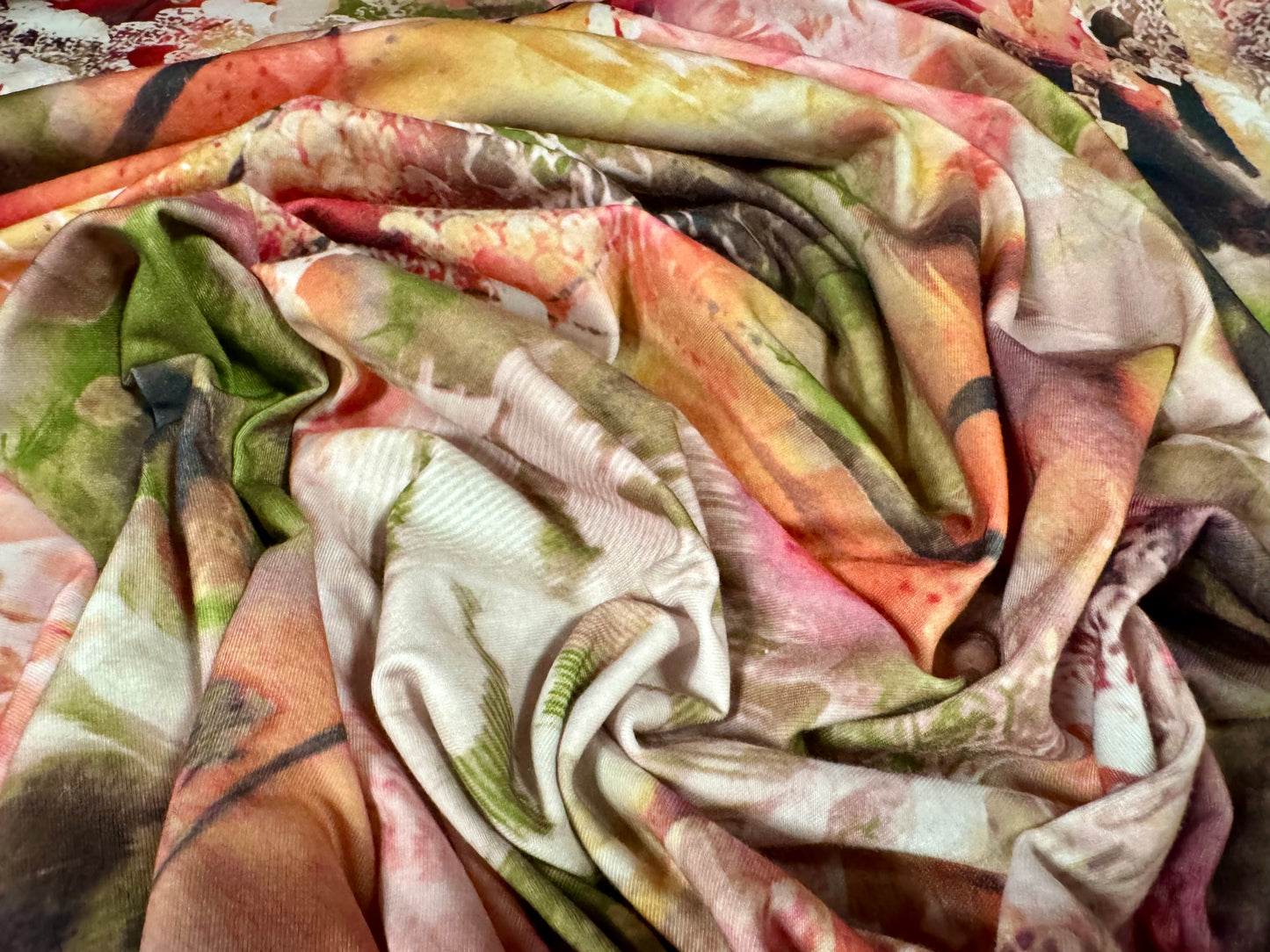 Stretch spandex interlock jersey fabric, per metre - feathers and animal print - green & pink