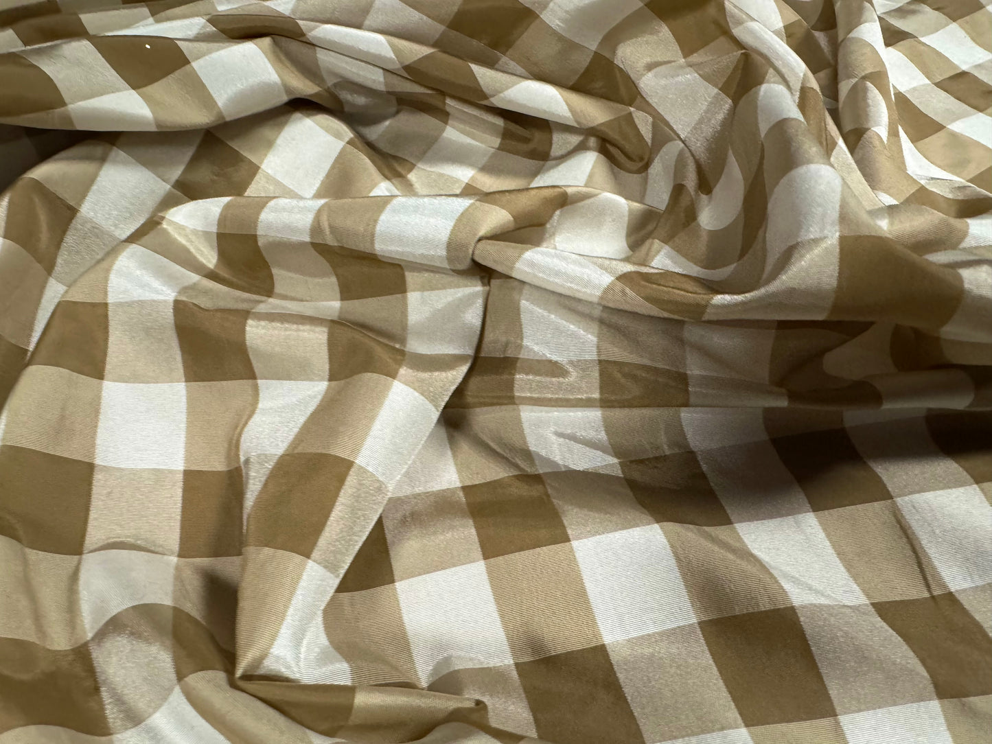 Taffeta faux silk fabric - gingham check - old gold & ivory