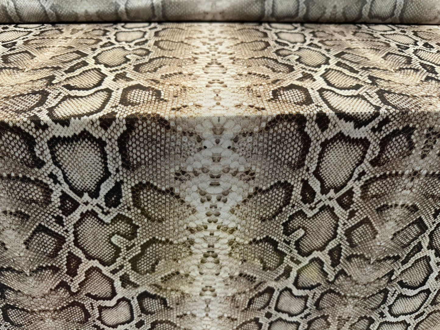 Power mesh net stretch spandex fabric, per metre - rattlesnake print - olive brown