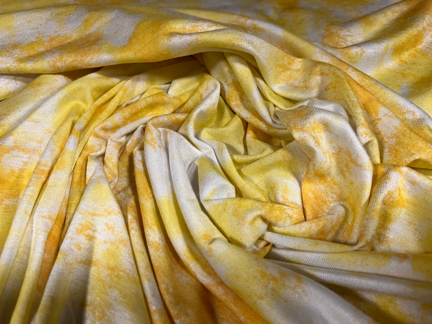 Viscose spandex stretch single jersey fabric, per metre - tie dye print - gold