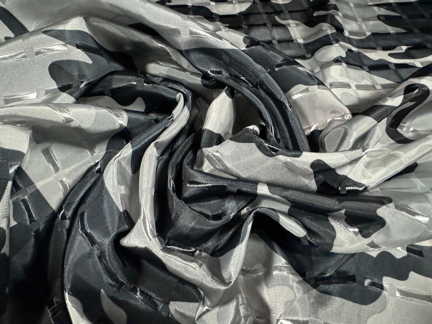Satin jacquard woven dress fabric, per metre - camouflage print - silver & grey