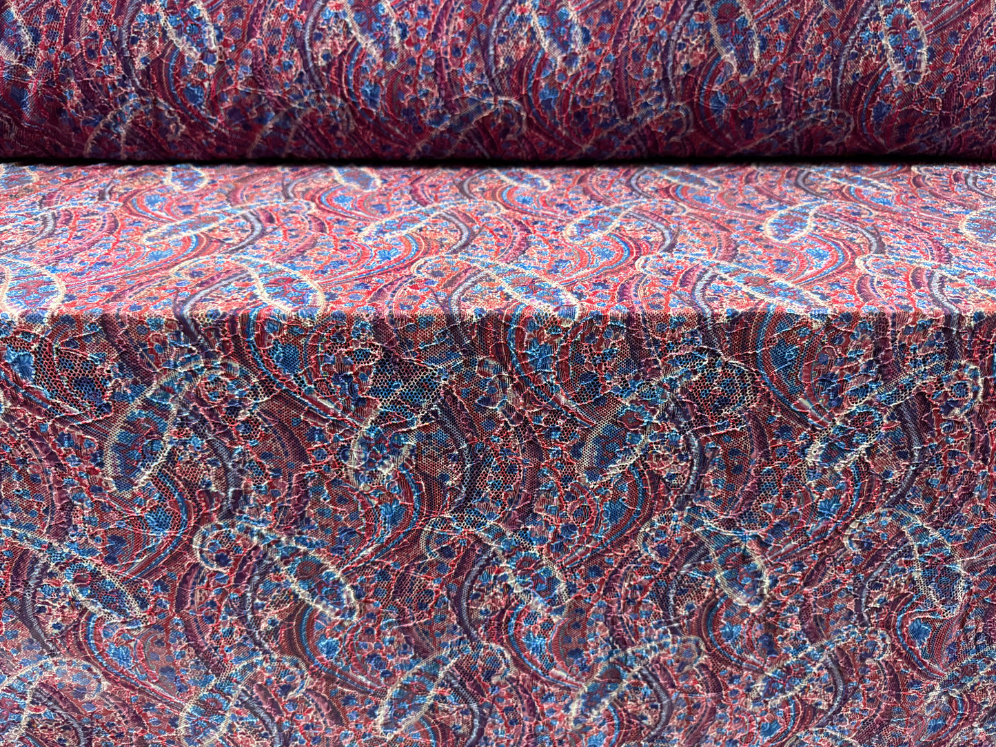 Stretch spandex lace fabric, per metre - paisley print - red & blue