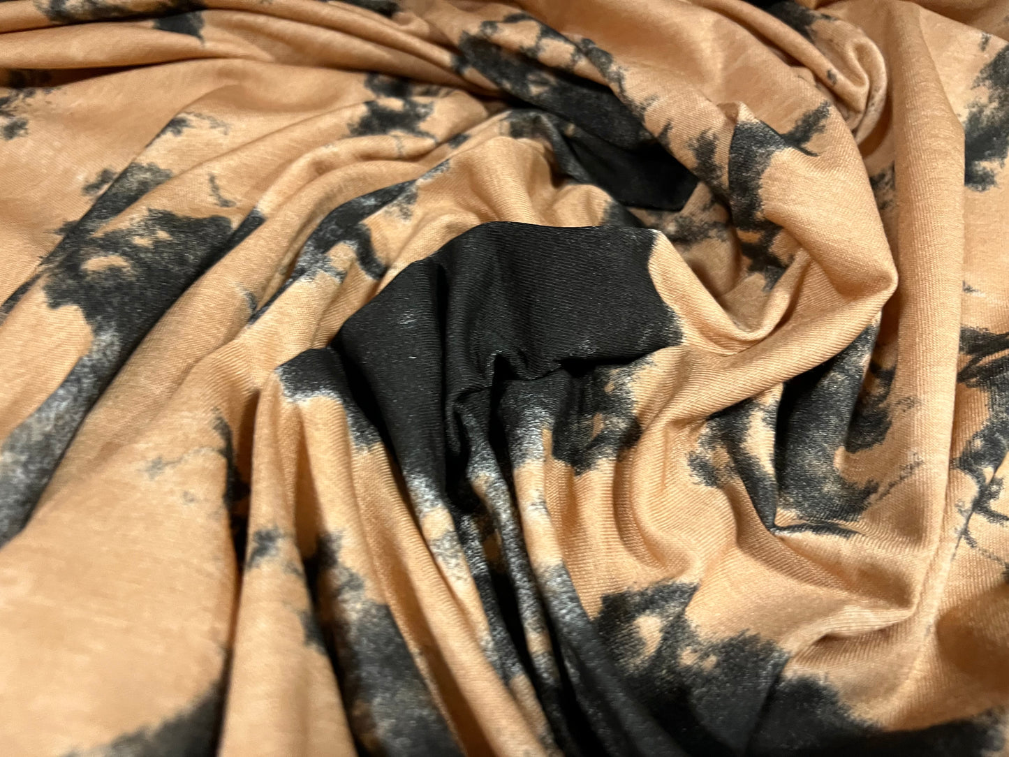 Viscose spandex stretch single jersey fabric, per metre - tie dye print - caramel