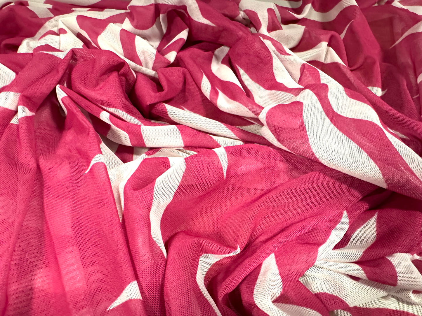 Power mesh net stretch spandex fabric, per metre - flame tattoo print - pink