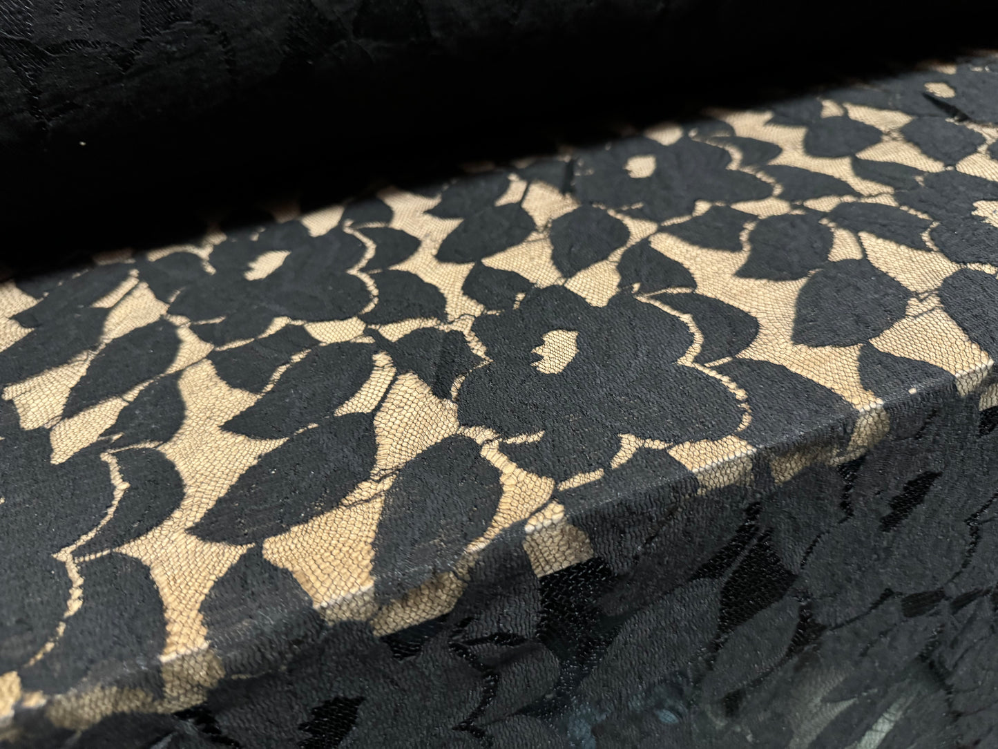 Cotton mesh lace fabric, per metre - large flower pattern - black