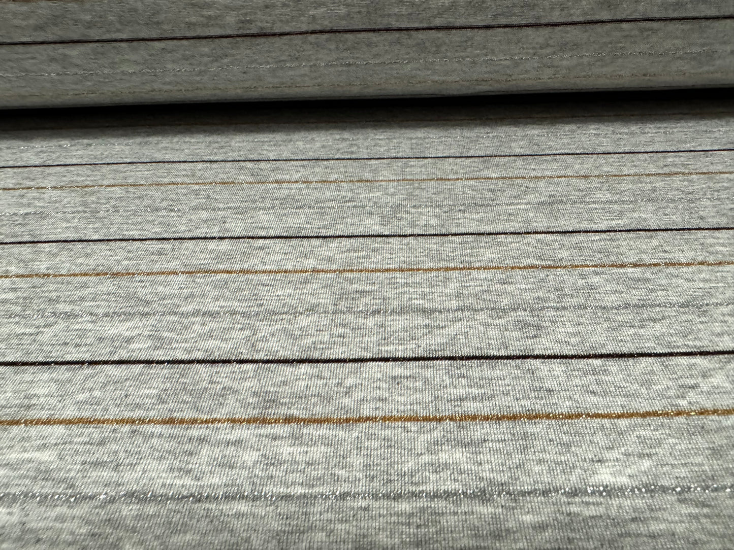 Metallic viscose spandex stretch single jersey fabric, per metre - pinstripe - grey marl with black silver & gold lurex