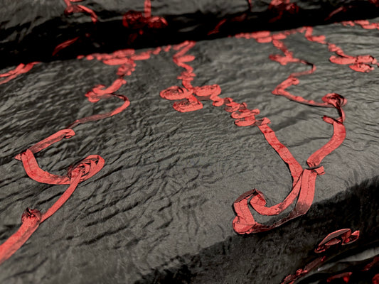 Taffeta faux silk fabric, per metre - floral ribbon appliqué - black & wine