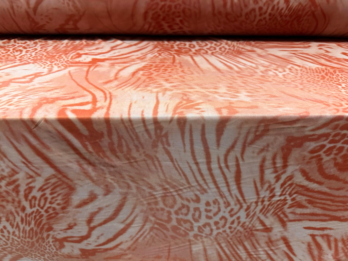 Power mesh net stretch spandex fabric, per metre - animal fusion print - dusky pink & coral