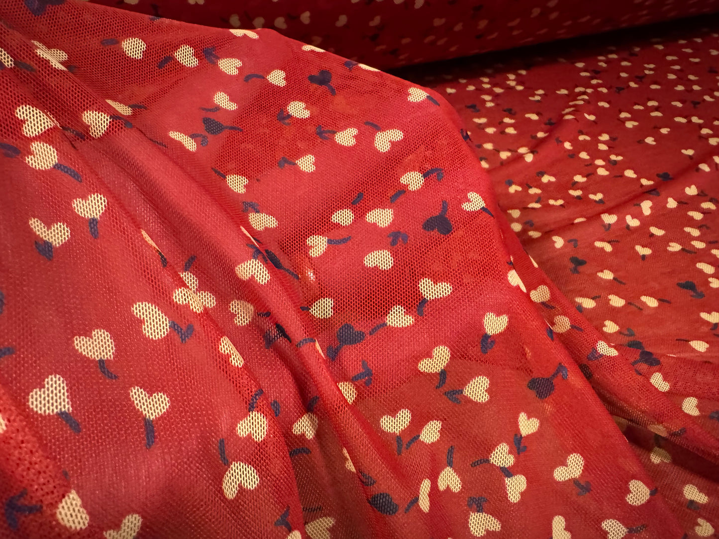 Power mesh net stretch spandex fabric, per metre - love heart flowers print - red
