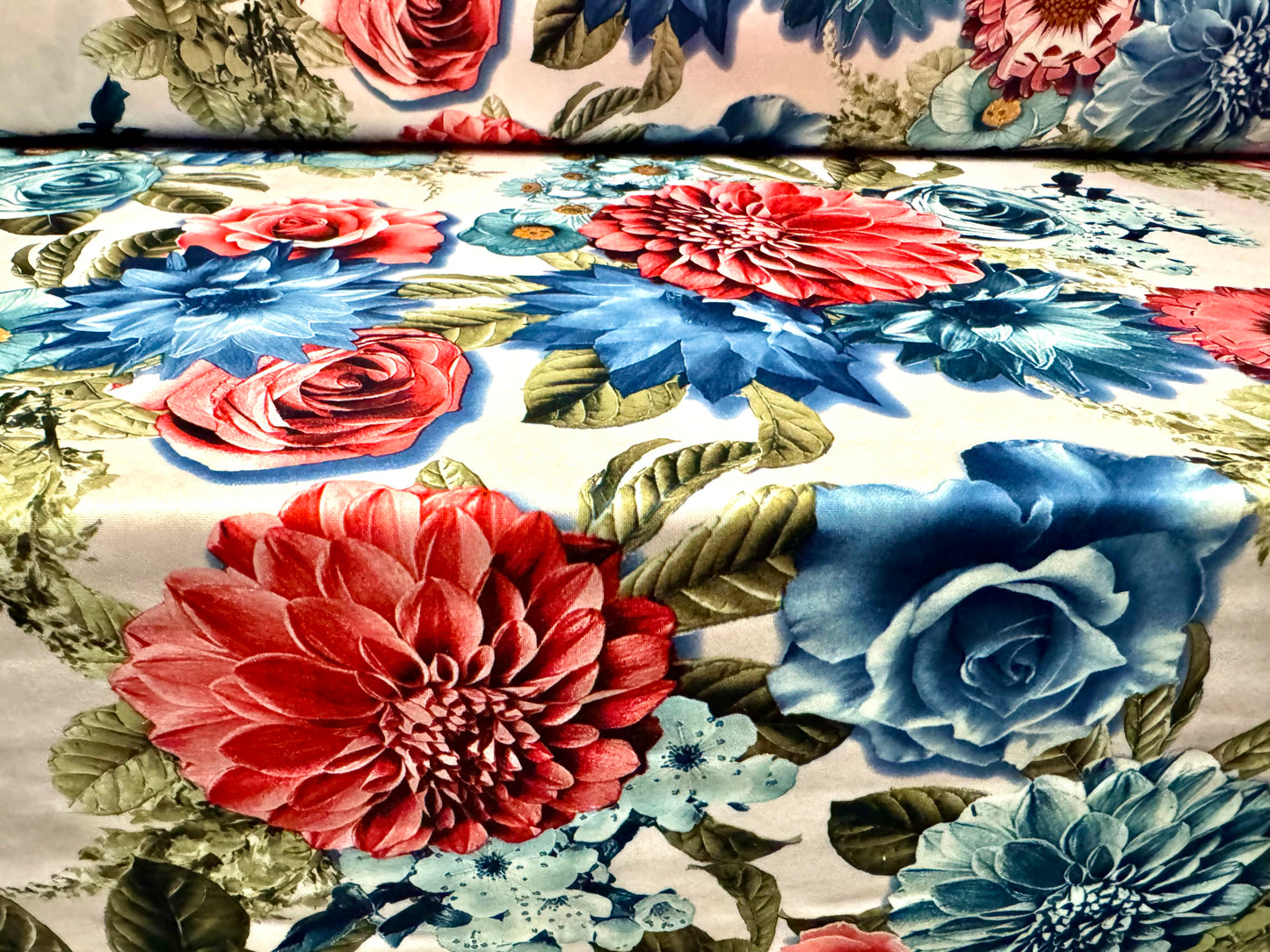 Scuba crepe-back stretch spandex jersey fabric, per metre - roses & carnations print - blush pink and blue