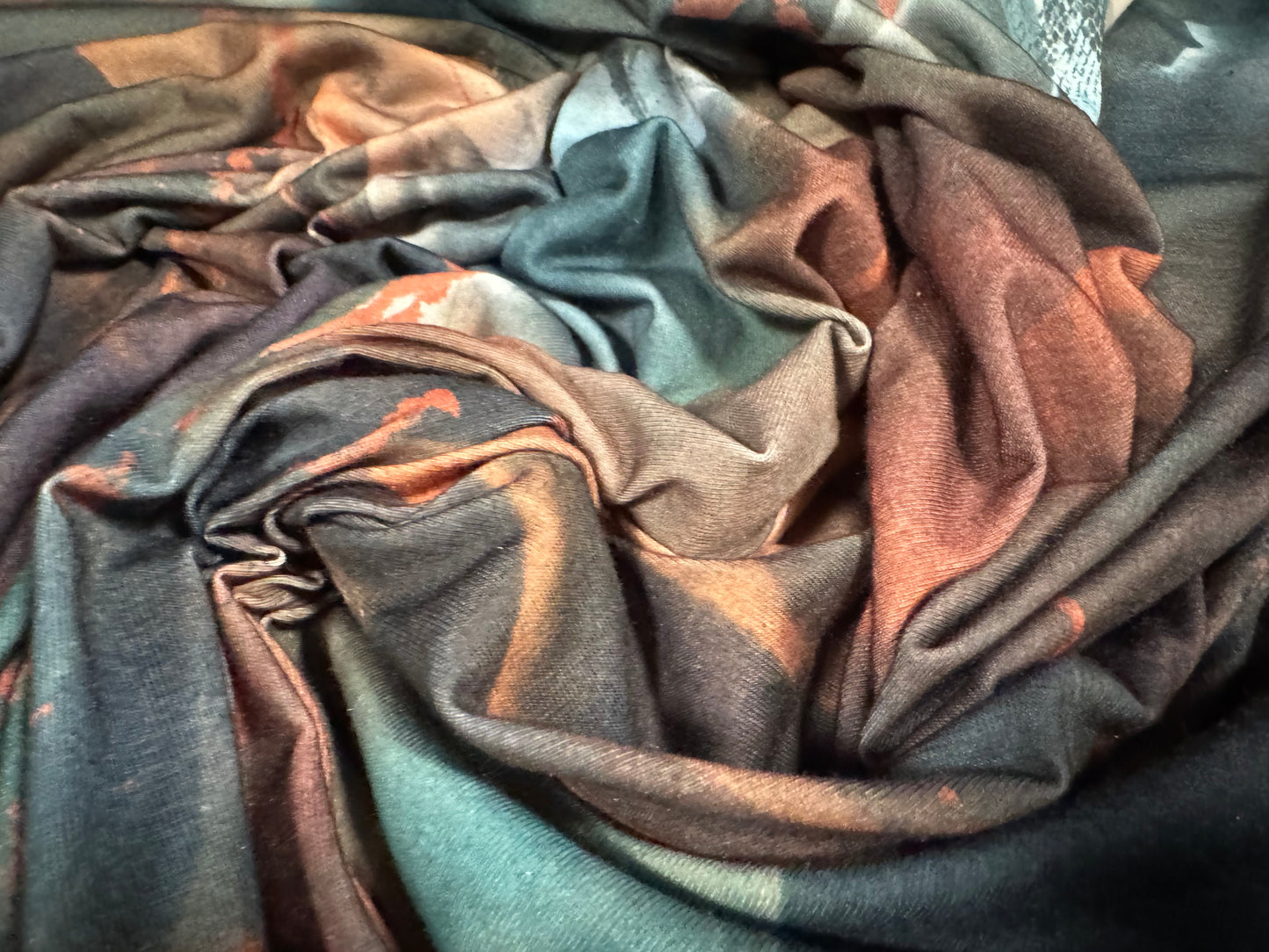 Soft handle stretch single jersey fashion fabric, per metre - Quartz print - teal & rust