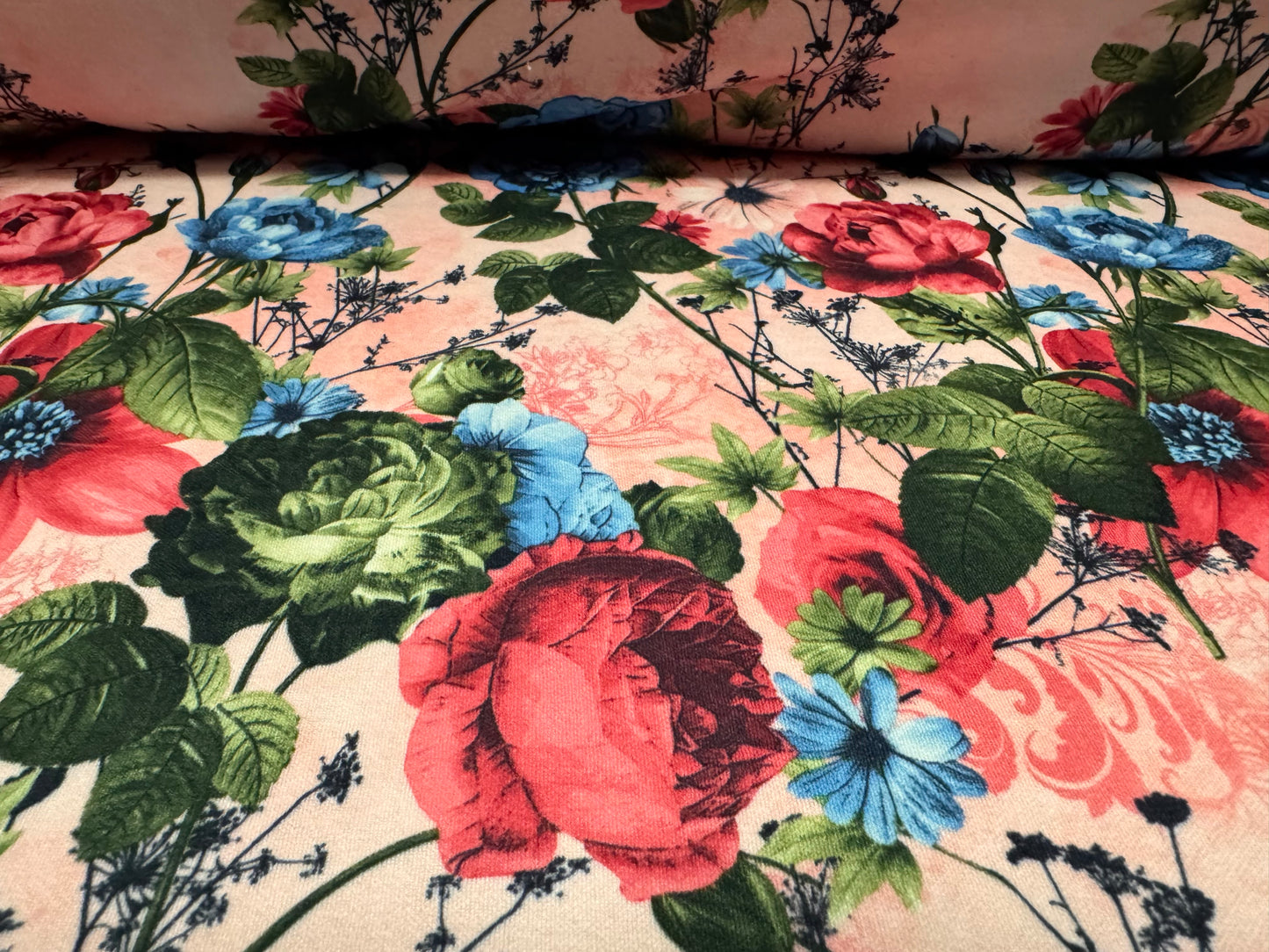 Scuba stretch spandex double jersey fabric, per metre - wild rose print - pink & blue