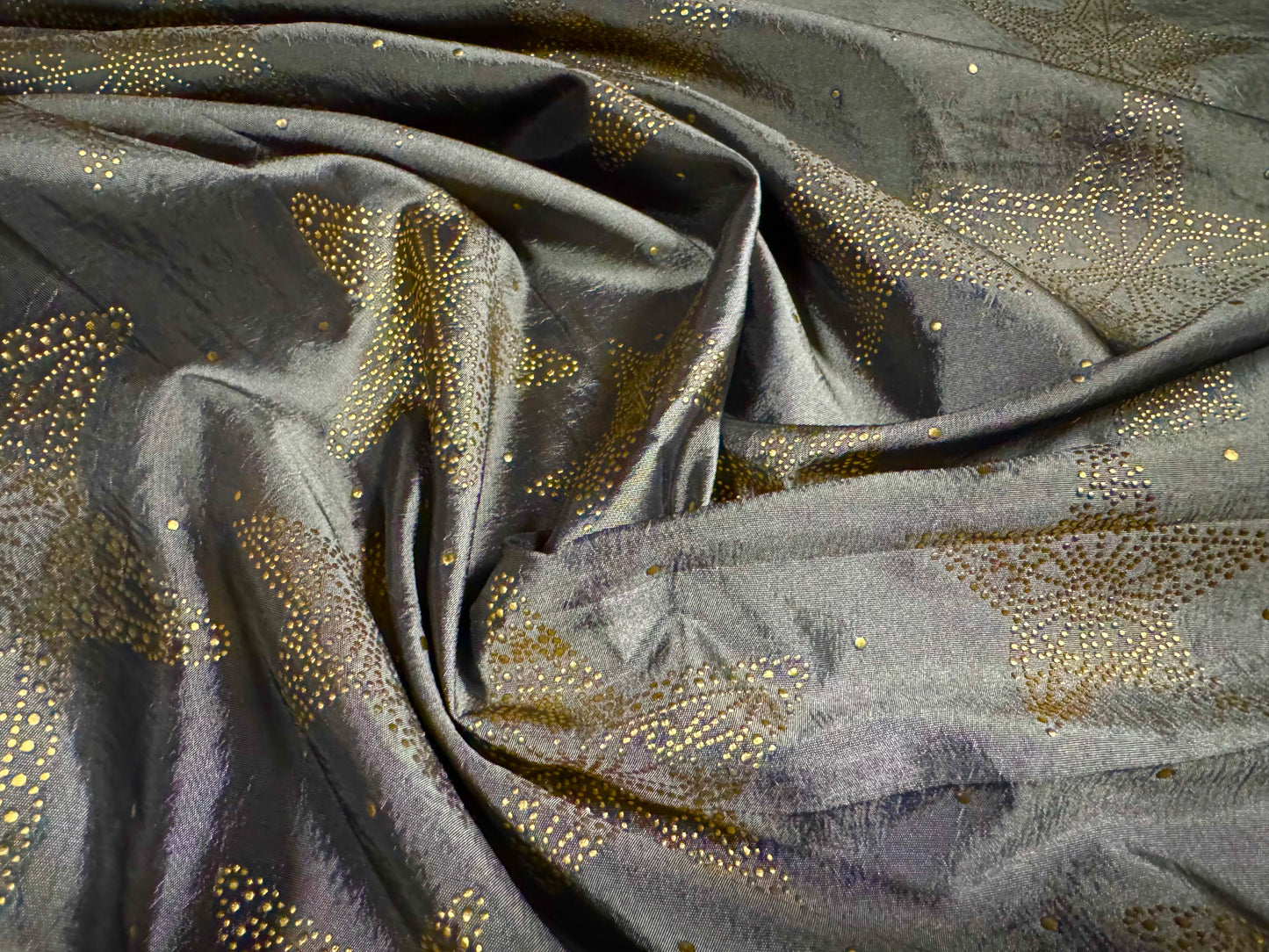 Taffeta faux silk fabric - metallic stars print - grey & gold
