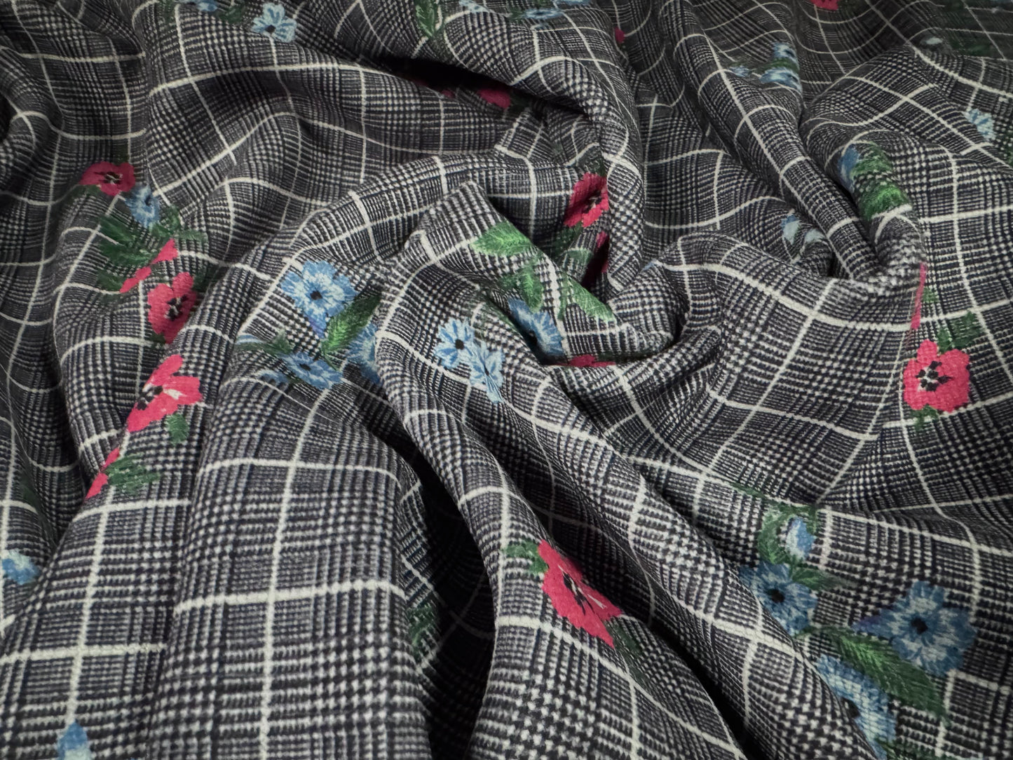 Chenille upholstery fabric, per metre - floral check print - denim blue