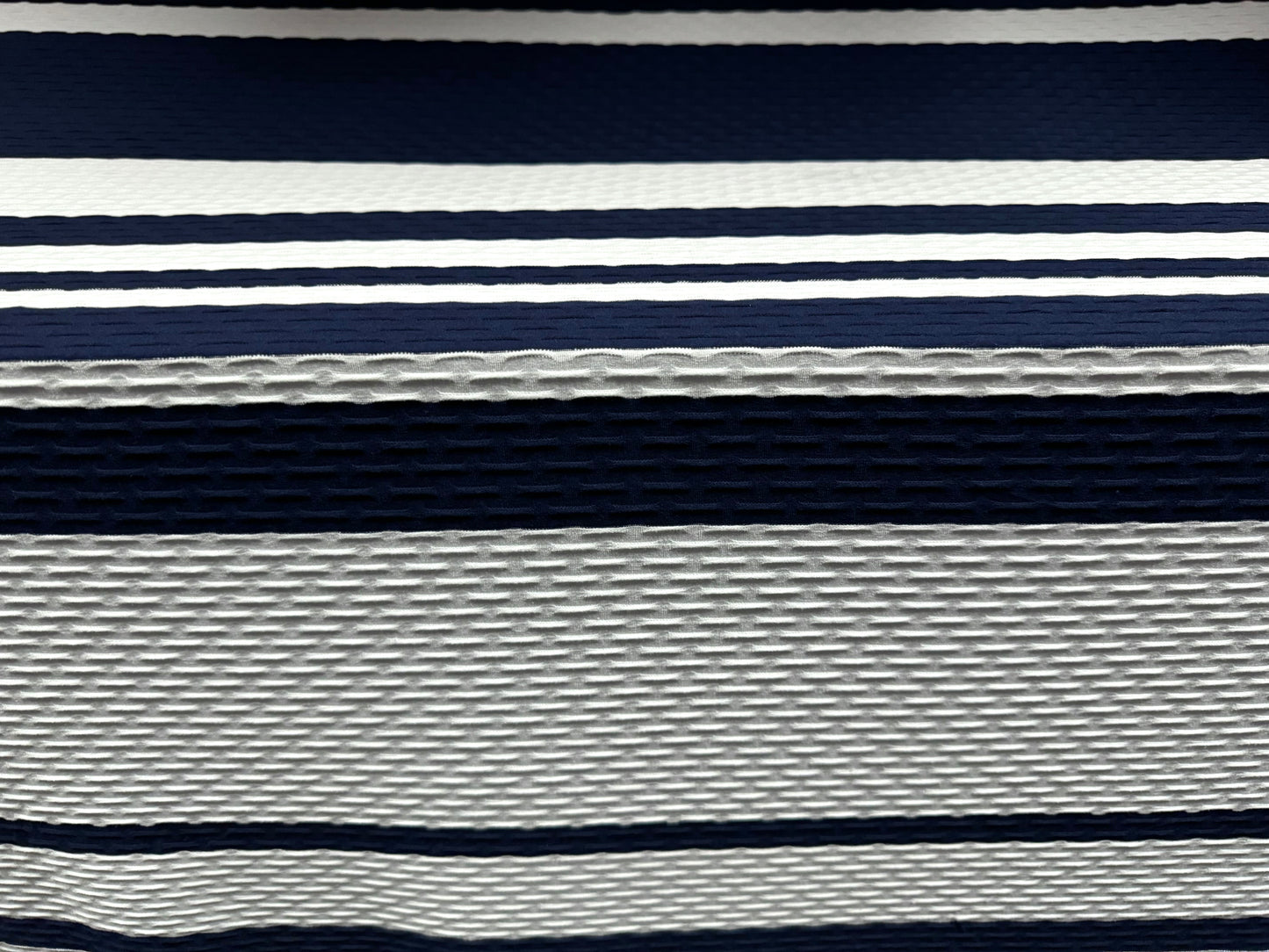 Stretch double jersey fashion fabric, per metre - stripe jacquard - navy blue & white