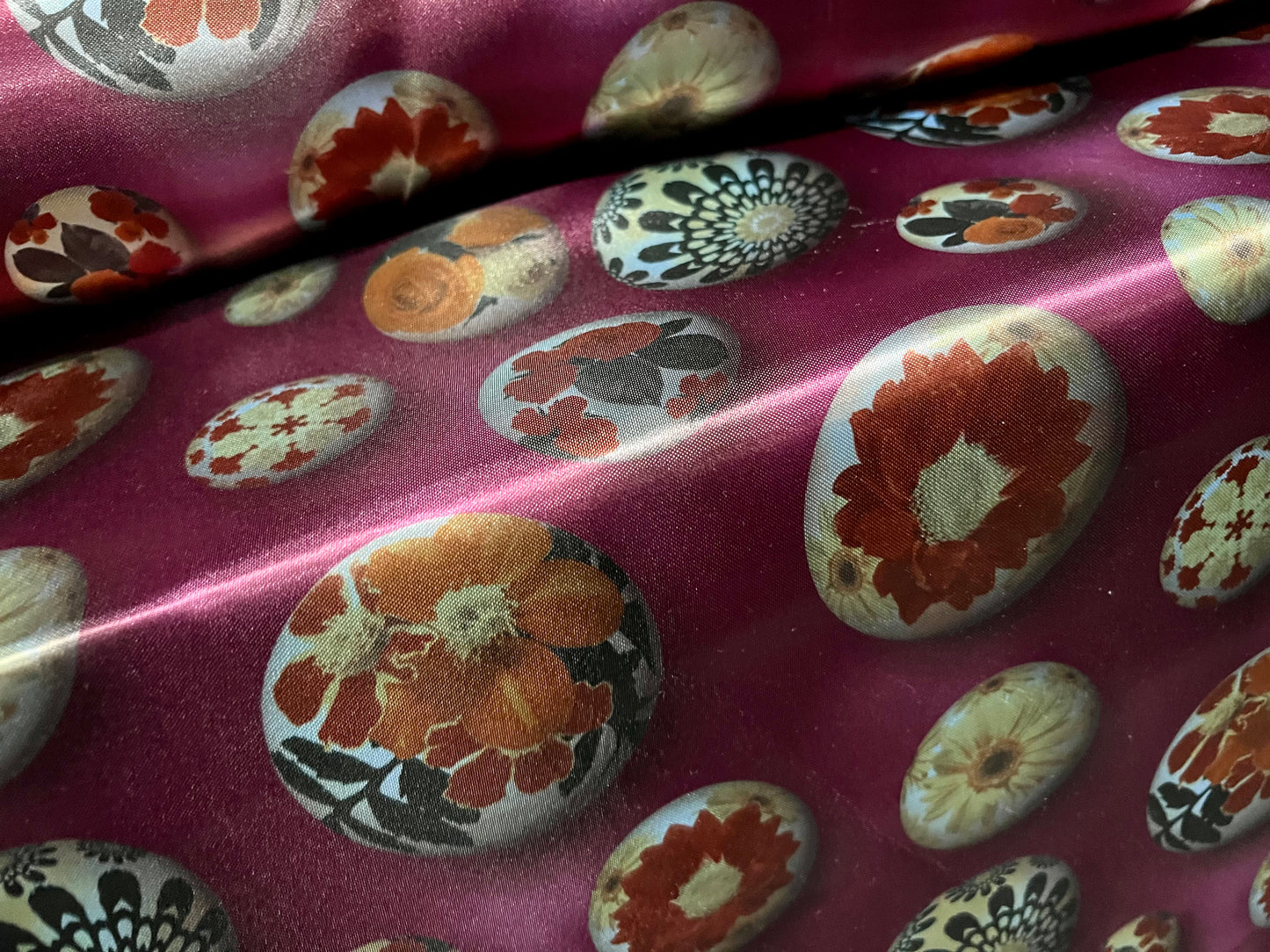 Silky satin woven dress fabric, per metre - painted pebbles print - plum