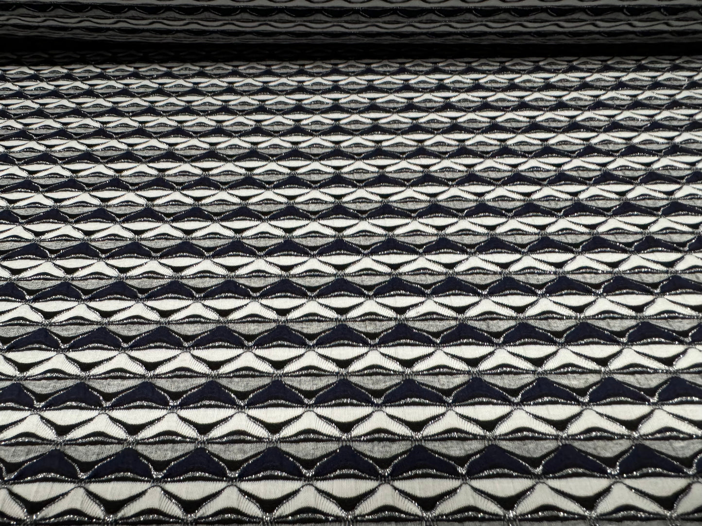 Metallic stretch double jersey fashion fabric, per metre - jacquard - navy & grey with silver lurex