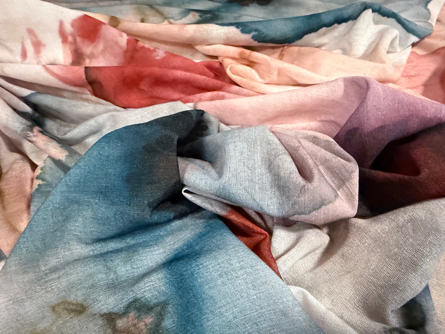 Chiffon jersey fashion fabric, per metre - ink wash poppy print - pink & petrol blue