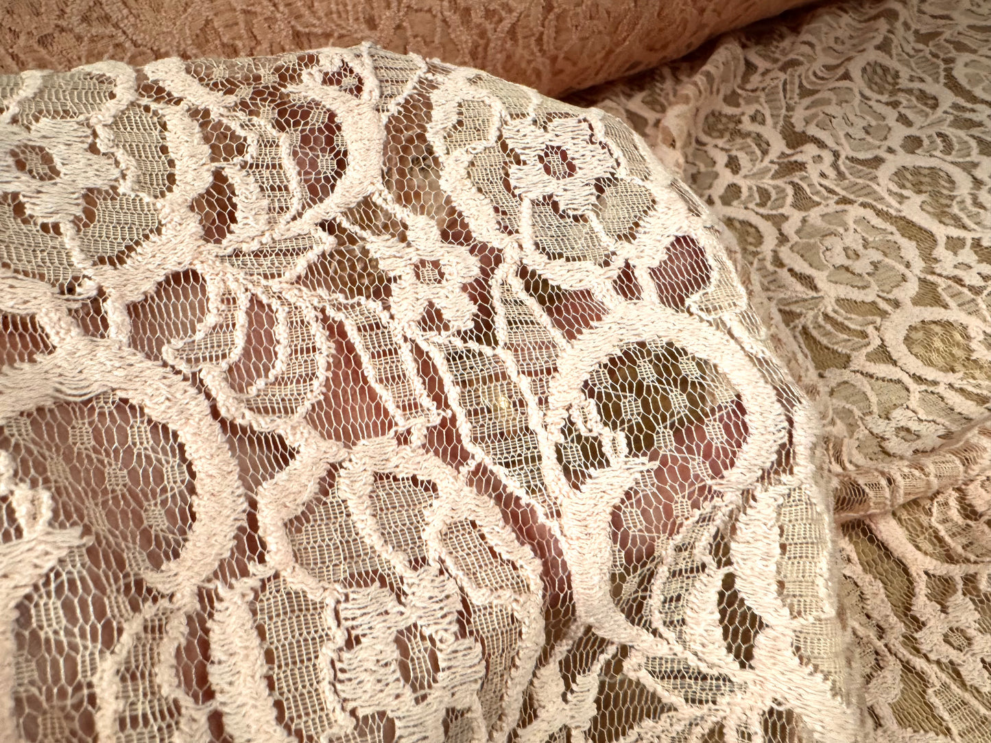 Embroidered cotton lace fabric, per metre - floral design - pink