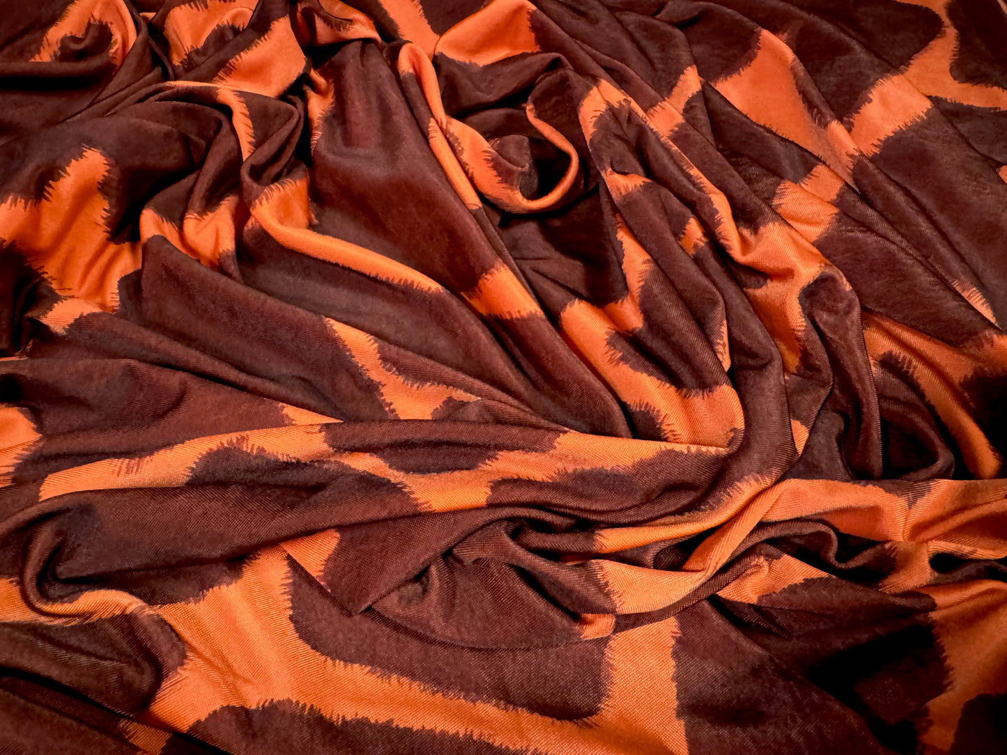Disco shimmer stretch spandex jersey fabric, per metre - giraffe animal print - orange & brown