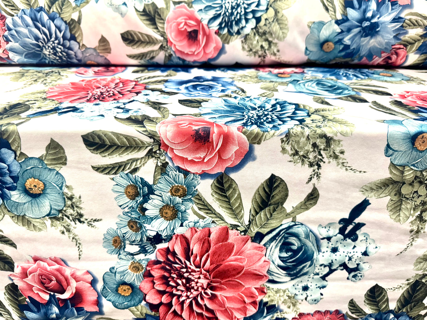 Scuba stretch spandex double jersey fabric, per metre - floral bouquet print - blue pink & white