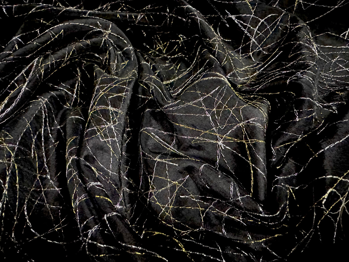 Taffeta faux silk fabric - metallic scribble embroidery - black silver & gold