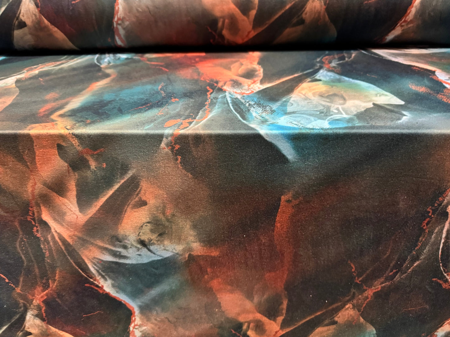 Soft handle stretch single jersey fashion fabric, per metre - Quartz print - teal & rust