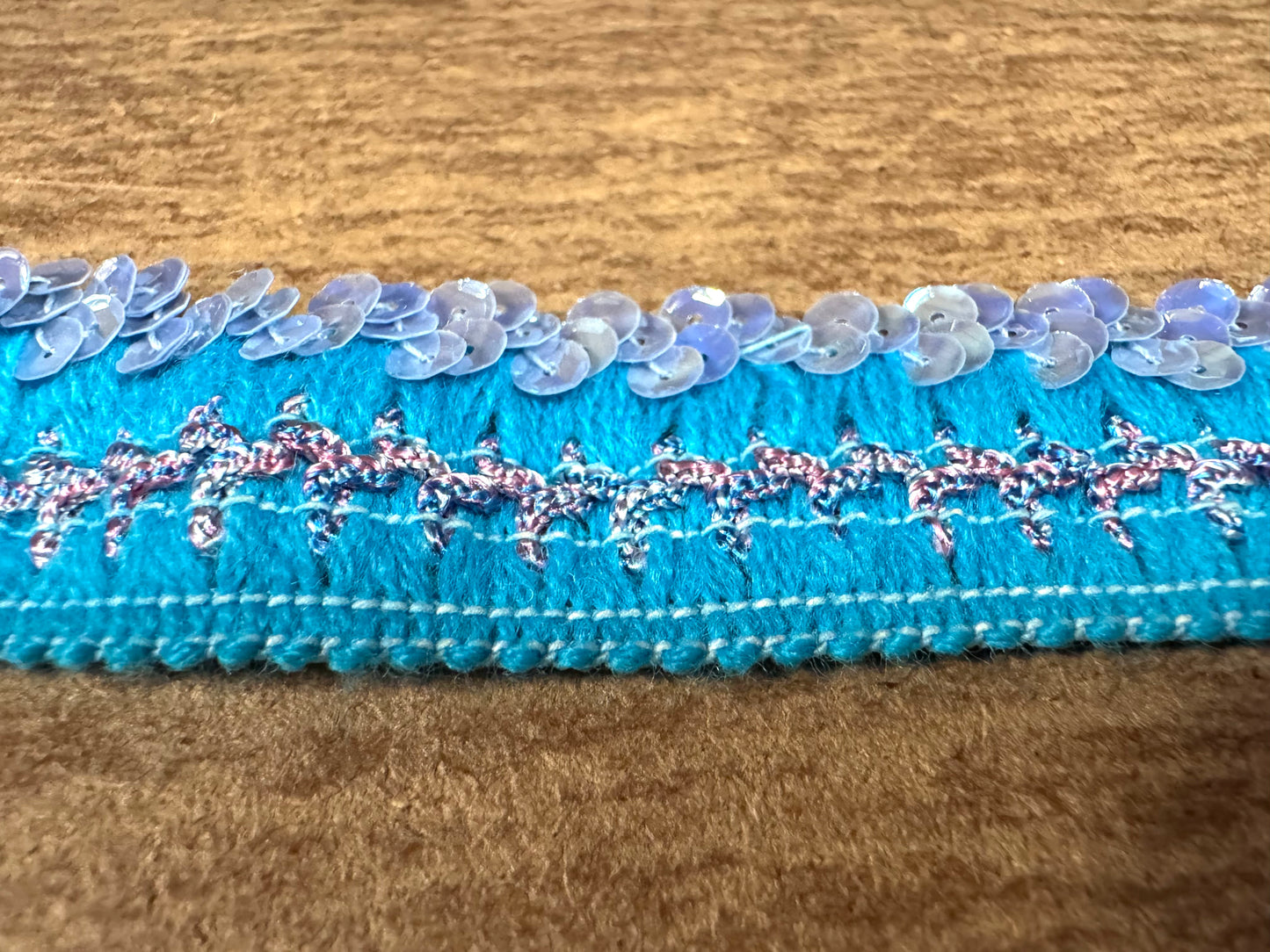 Stretch embroidered edging trim fabric with sequins, per metre - turquoise & lilac
