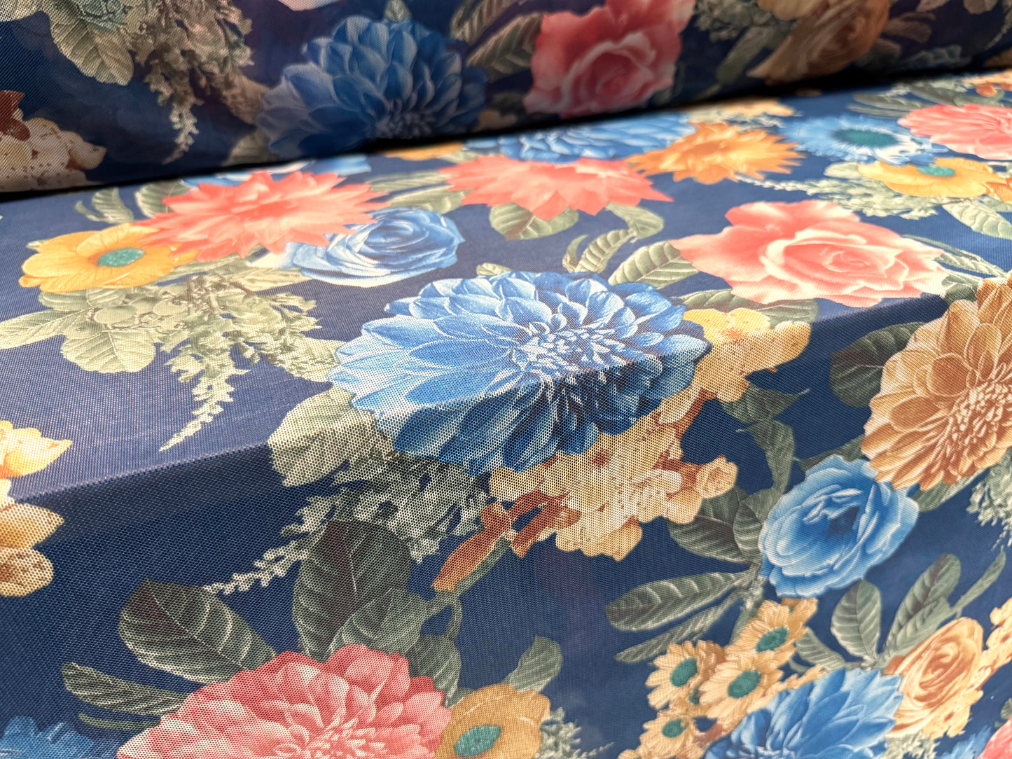 Power mesh net stretch spandex fabric, per metre - carnation bouquet print - blue pink & beige