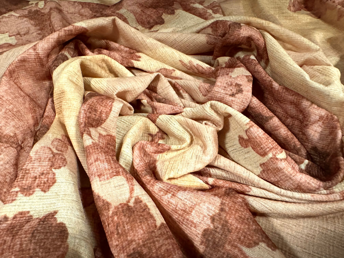 Stretch cheesecloth jersey fabric, per metre - floral toile print - peach & pink