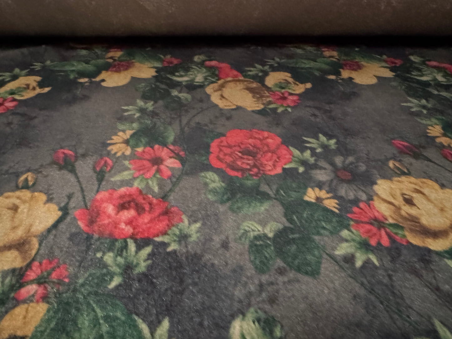 Spandex velvet stretch dress fabric, per metre - roses print - dark grey gold & red