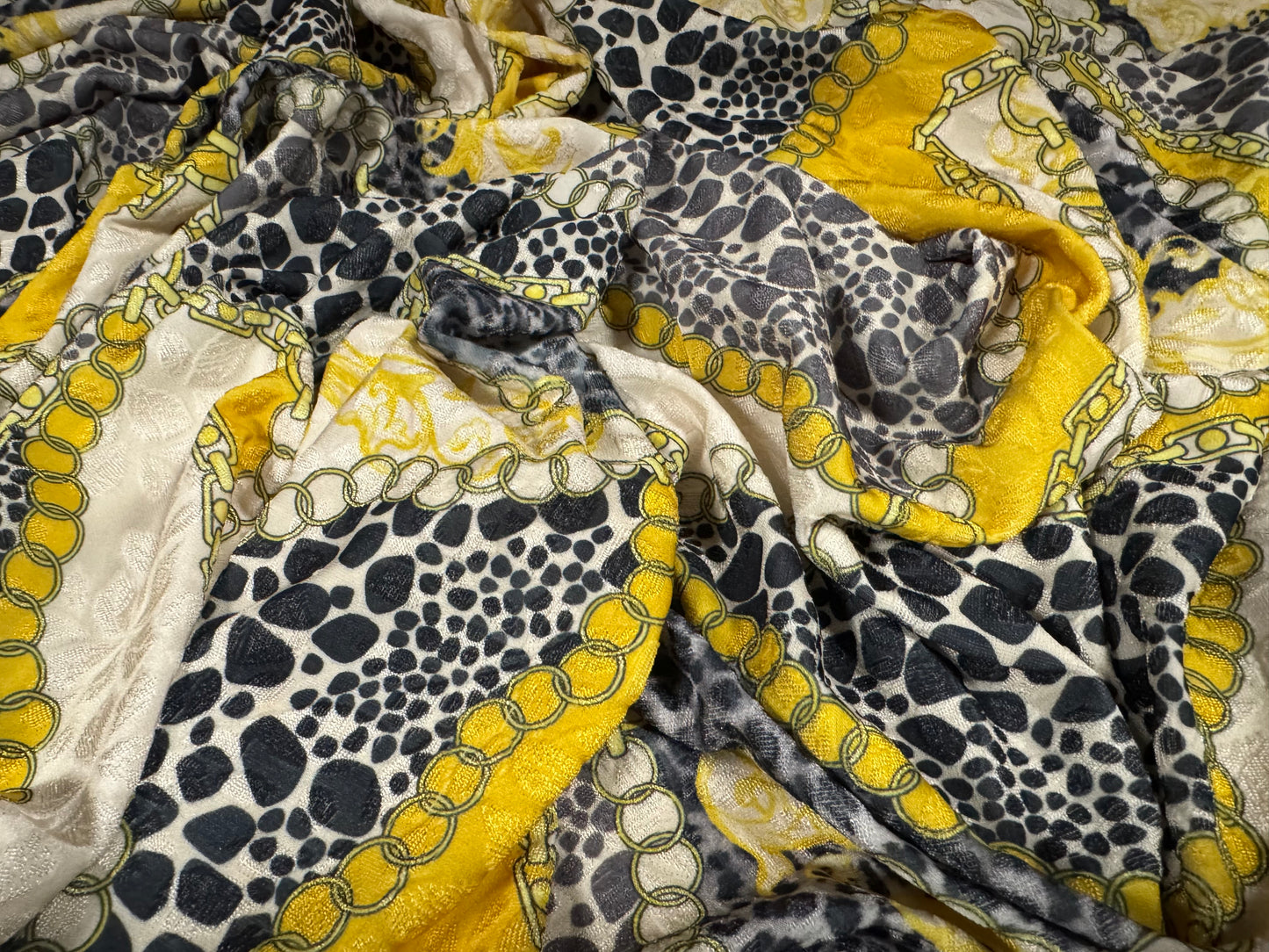 Stretch spandex jersey jacquard fabric, per metre - leopardskin & chains print - cream & lemon