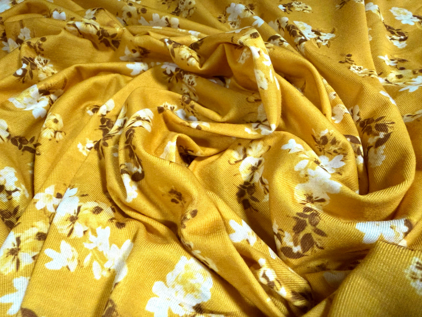 Stretch soft handle jersey fabric, per metre - floral print - mustard