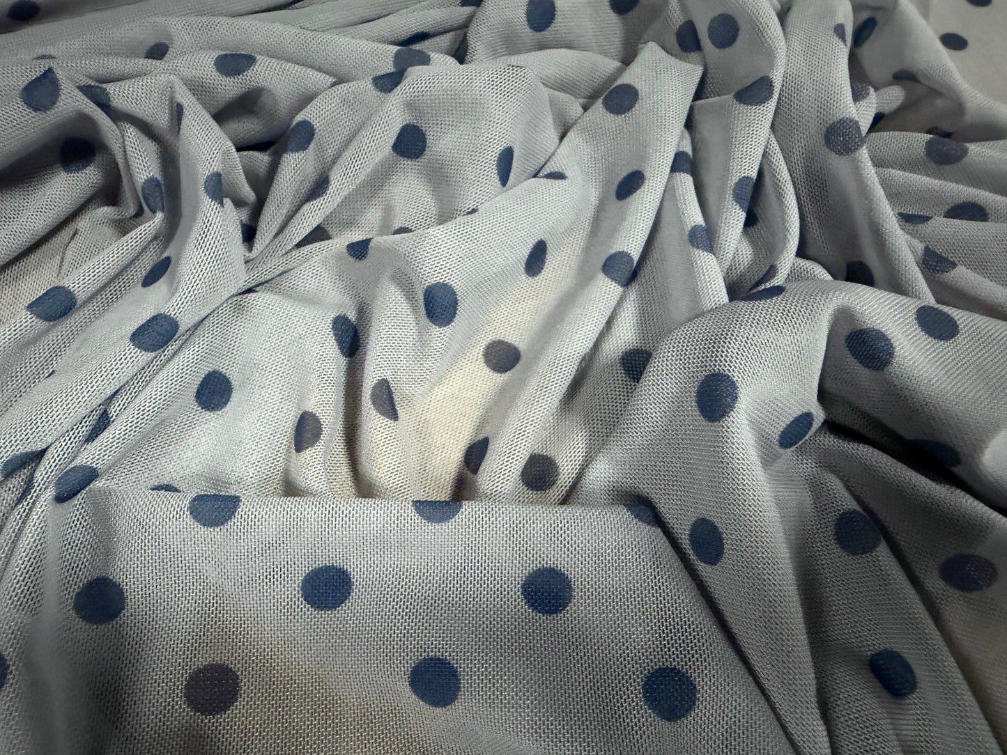 Power mesh net stretch spandex fabric, per metre - polka dot print - blue-grey & indigo
