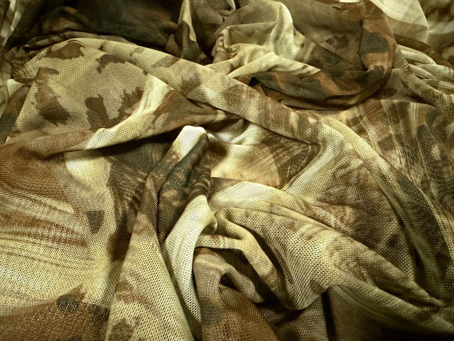 Power mesh net stretch spandex fabric, per metre - Hunter’s Camouflage print - green & brown