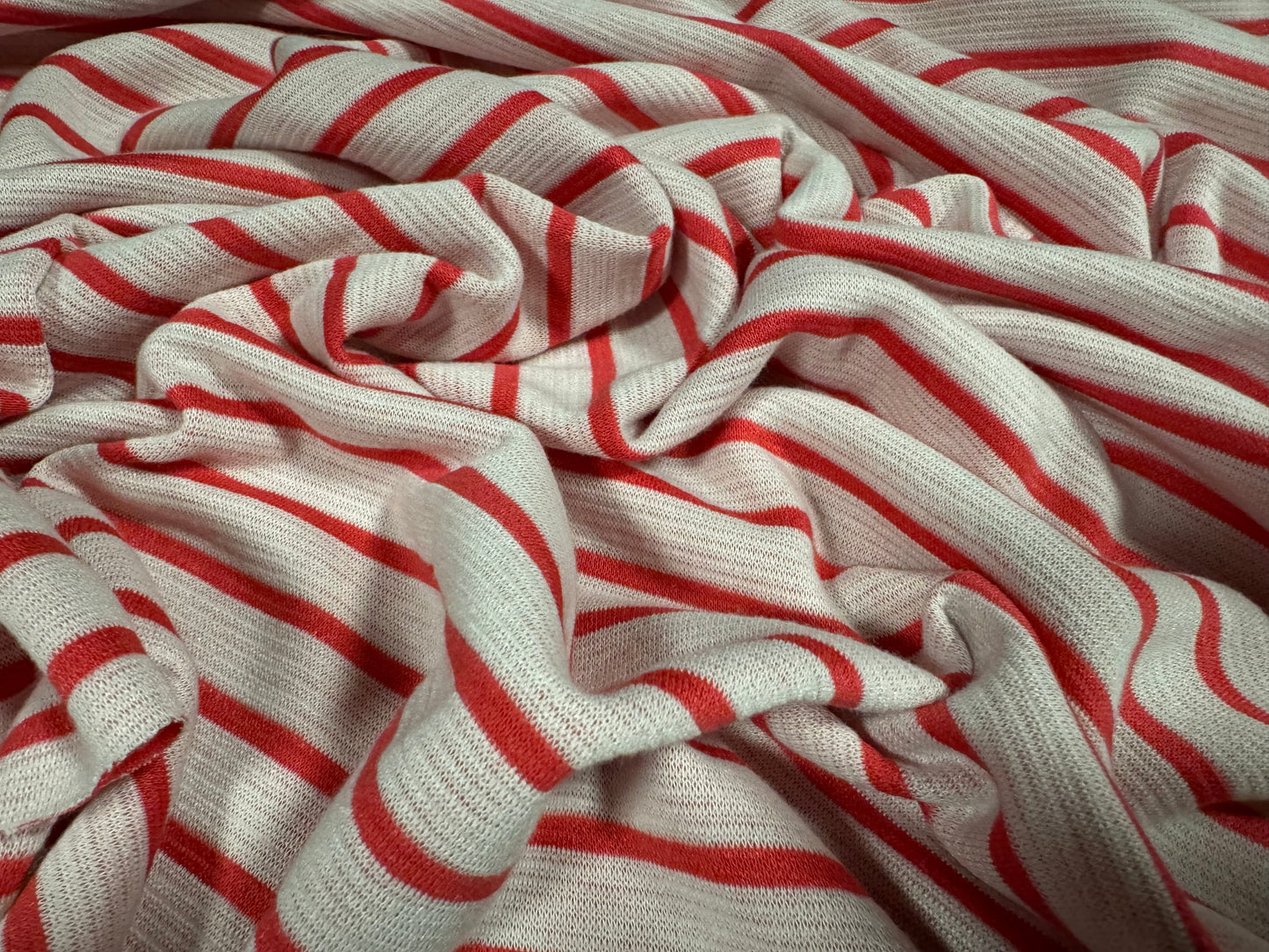 Ponte Roma double jersey knit stretch fabric, per metre - reversible stripe - strawberry & off white