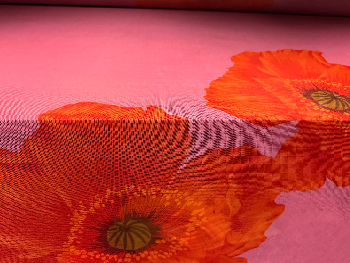 Power mesh net stretch spandex fabric, per metre - jumbo flower print - pink & orange